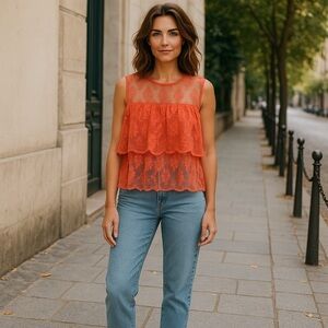 Anthropologie Only Hearts Orange Lace Tiered Top